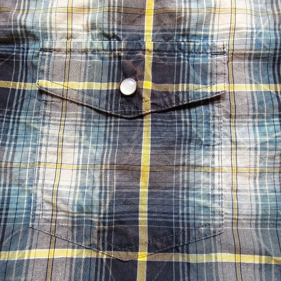 Red Head Brand Shirt Blue Mens Size Large Pearl Snap Plaid Short Sleeve Casual - Picture 3 of 14
